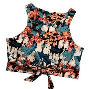 NWT Floral Sleeveless Tie-Front swimsuit Top scoop neck colorful floral designs